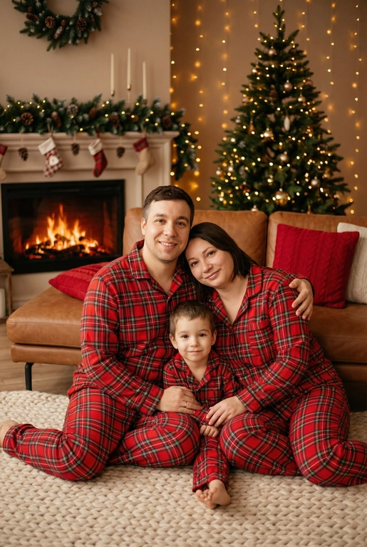   Создай трогательный кадр из профессиональной фотосессии в студии, где запечатлен момент семейной близости. Люди на фото могут быть как взрослыми так и детьми, в зависимости от предоставленных фото. Сделай так, чтобы все они смотрелись гармонично и трогательно. Фото в стиле Энни Лейбовиц, четкий фокус.

Люди в расслабленных позах на низком коричневом кожаном диване и на плотном светлом вязаном ковре. Естественные прически и минимальный макияж. 

Студия украшены в рождественском или новогоднем стиле, рядом с диваном стоит елка, позади дивана камин. Каминная полка украшена еловой гирляндой, шишками и маленькими рождественскими носочками. На диване красные декоративные подушки. В студии висят теплые гирлянды и мягко светятся.  

На фото видно лица людей и они смотрят в камеру.
 
Освещение мягкое, естественное, теплое, в стиле "Золотой час", мягкие тени, камера на уровне глаз, теплый цветовой грейд (золотисто-коричневые тона), натуральные оттенки, тонкая ретушь, мягкая пленочная текстура, атмосфера уюта, семейного тепла и близости. Одежда в стиле классических красных пижам в клетку 
