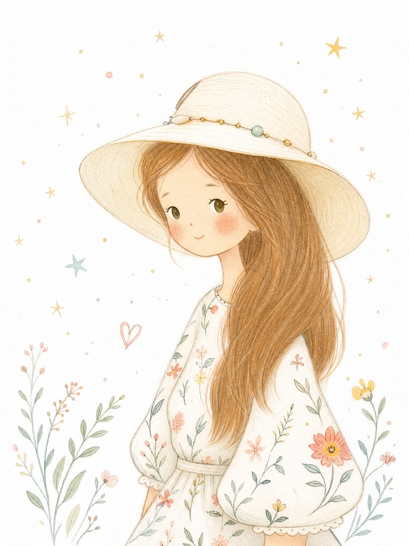 use this fhoto. 

Выберите стиль: Transform the photo into a delicate minimalist hand-drawn children’s illustration with a soft whimsical fairy-tale aesthetic. Use simple elongated shapes, thin imperfect hand-drawn lines, flat pastel colors, minimal details, and a cute doll-like character style with rosy cheeks, tiny facial features, and simplified anatomy. Add subtle paper texture, soft pencil and pastel shading, watercolor softness, and a clean white background with small stars or sparkles. Stylize the clothing in a playful storybook way with simplified shapes and gentle decorative details. The overall mood should feel airy, cozy, naive, and charming, like a modern Scandinavian nursery postcard or children’s book illustration. Avoid photorealism, 3D, cinematic lighting, glossy surfaces, complex shadows, realistic anatomy, and hyper-detail.