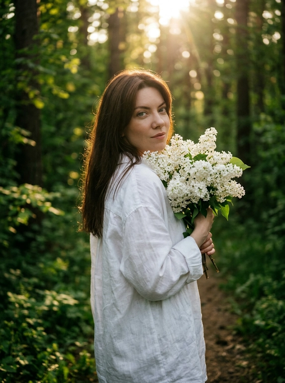 Кинематографичная фотореалистичная photography модели в лесу летом, снятая на Hasselblad X2D II 100C, 85mm lens, f/1.8, medium full shot, камера расположена на уровне талии и слегка сбоку. Модель стоит на узкой лесной тропинке среди густого зелёного леса, повернувшись вполоборота через плечо к камере. В руках она нежно прижимает к себе огромный букет цветов, отдельные ветки частично закрывают плечо и грудь. Выражение лица спокойное и чувственное, еле заметная улыбка, губы расслаблены, взгляд направлен прямо в камеру. На ней свободная белая длинная льняная рубашка oversize с длинными рукавами, натуральная слегка мятая ткань красиво подсвечивается солнцем. Кожа ровная, сияющая, с лёгким естественным загаром и realistic skin texture без plastic skin. Макияж soft natural glam: мягкий contouring, пушистые brows, длинные натуральные ресницы, subtle warm glow на коже. Тёплый золотой свет закатного солнца проходит сквозь деревья и создаёт cinematic backlight вокруг силуэта, мягкие солнечные блики на сирени и ткани одежды, глубокие зелёные тени в лесу. Атмосфера тихая, живая и немного dreamy, будто кадр из арт-фильма. Moody underexposed forest photography, warm golden highlights, rich deep greens, soft haze, subtle film grain, luxury Pinterest editorial aesthetic, ultra photorealistic RAW quality.

Какие будут цветы?: В руках белая сирень