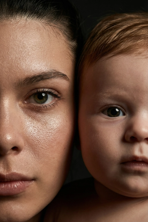   создай портрет, не меняя черты лица. Крупный план (extreme close-up) двух лиц людей, их лица прижатых друг к другу. Видны только половины каждого лица.
Драматичное освещение в стиле чиароскуро, глубокие тени.
Невероятная детализация кожи: видны поры, текстура, естественный блеск у женщины.
Выразительный взгляд прямо в камеру. Высокое разрешение, макросъемка, профессиональное студийное фото, 8K.