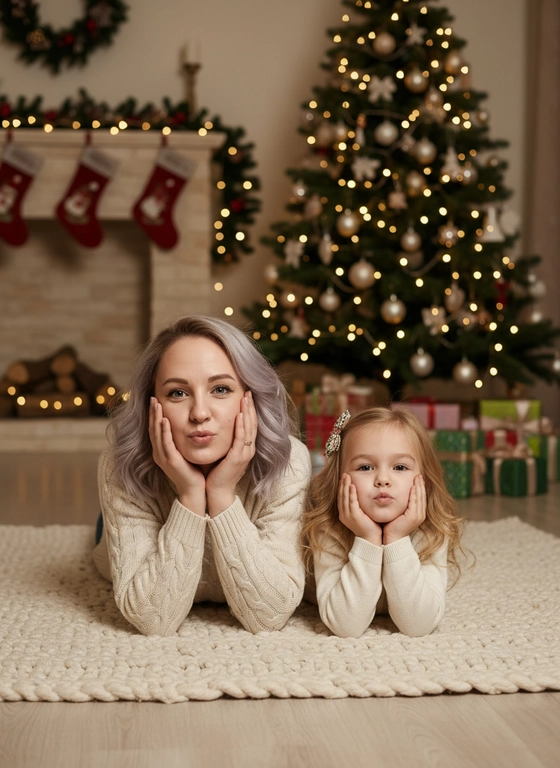 Это милая, домашняя фотография, выполненная в теплых тонах. Снимок сделан в помещении, возможно, это гостиная или детская комната. На заднем плане видна новогодняя елка, украшенная огоньками и игрушками, а также рождественские носки, подвешенные на стене. Присутствуют подарки в коробках, обернутые в бумагу.

В кадре находятся женщина и ребёнок. Они лежат на животе на ковре с плотным плетением.

Женщина одета в светлый свитер крупной вязки с высоким горлом. Ее поза расслаблена, она подпирает голову руками, со сложенными в молитвенном жесте ладонями, и вытягивает губы в поцелуе.

Девочка одета в светлый свитер с длинными рукавами. У неё в волосах бант. Она также подпирает голову руками, повторяя позу женщины, и тоже вытягивает губы в поцелуе.

Атмосфера снимка теплая и уютная, передает чувство любви и семейного счастья. Цветовая гамма мягкая, преобладают светлые и пастельные тона.

Женщины пепельный цвет волос волнистый.

Девочки светлые волосы волнистый.

Не меняя черты лица.