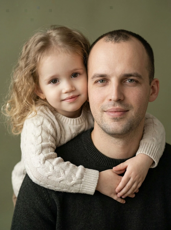 Создай портретный студийный кадр из фотосессии отца и его дочери для этих людей из присланных фото. Дочь нежно обнимает папу сзади, руки мягко сомкнуты на его груди, щекой слегка касается его головы. Оба смотрят прямо в камеру. Спокойные, тёплые, естественные эмоции, лёгкая улыбка.

Приглушенно-зеленый, почти хаки, минималистичный фон. Мягкий естественный рассеянный свет из окна, деликатные тени, акцент на лицах. Натуральная цветокоррекция, светлая чистая палитра, реалистичная текстура кожи без излишней ретуши.

Одежда — базовая и нейтральная: у отца тёмный трикотажный свитер, у дочери светлый вязаный свитер. Без принтов и логотипов.

Кадр — крупный или средний план, плотная композиция, ощущение близости и доверия. Профессиональная съёмка, 85mm lens, shallow depth of field, soft natural light, ultra realistic, high detail, family portrait photography.