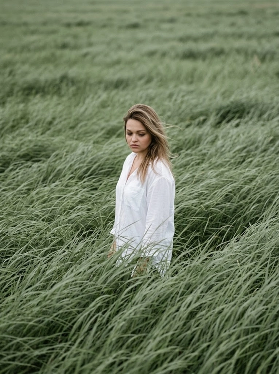 Create cinematic, atmospheric editorial portrait using the attached photo as the exact face and identity reference. A solitary model stands alone in the middle of vast wind-swept sage green grass fields. Tall grass surrounds the subject completely, flowing in strong currents like ocean waves, partially occurring the body did creduns mononaepin dna soutude. the subject wedis c simple, loose white shirt that softly contrasts with the rich green landscape hair is slightly messy, with natural strands moving in the wind. The head is gently tilted downward, eyes cast toward the ground, conveying a quiet introspective, melancholic mood. Expression is calm, distant, and emotionally restrained. Compose the frame slightly off-center, from a subtle elevated angle.
No visible horizon, the frame is fully immersed in grass texture. Use a muted natural palette of sage green, deep olive, and soft off-white. Shoot telephoto perspective, shallow depth of field, cinematic framing. Film photography destek with visible grain, soit edge tallon, atmospheric wind driven motion blur in the grass. Quiet, poetic storytelling: ultra-detail natural magazine-cover editorial quality. No text, no watermark.