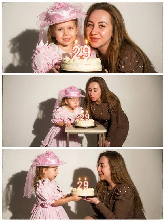 Вертикальный коллаж из трёх фотографий в эстетике 2000-х и Y2K фотосессия проходит в минималистичной студии на нейтральном светлом фоне жёсткое прямое освещение от вспышки создаёт резкие тени на стене позади и лёгкий эффект пересвета характерный для цифровых камер начала 2000-х на фотографиях взрослая модель и её детская версия маленький ребёнок взаимодействуют друг с другом это один и тот же человек в разном возрасте первая фотография крупный план взрослая модель и ребёнок стоят очень близко к камере ребёнок держит праздничный торт со свечами в форме цифры взрослая модель слегка наклоняется к торту они оба смотрят в камеру выражение лица живое и эмоциональное вторая фотография общий план в полный рост ребёнок и взрослая модель вместе наклоняются и задувают свечи на торте ребёнок с интересом и радостью смотрит на огоньки свечей третья фотография средний план ребёнок протягивает торт взрослой модели будто предлагает задуть свечи взрослая модель наклоняется ближе они улыбаются и взаимодействуют друг с другом атмосфера тёплая ностальгическая с ощущением воспоминания и времени на каждой фотографии на торте свечи в форме цифр композиция минималистичная с акцентом на взаимодействие винтажная цифровая текстура лёгкая зернистость мягкая размытость лёгкий гламурный оттенок начала 2000-х фотореалистичный стиль



Какая будет цифра: На торте свечи в виде цифры 29