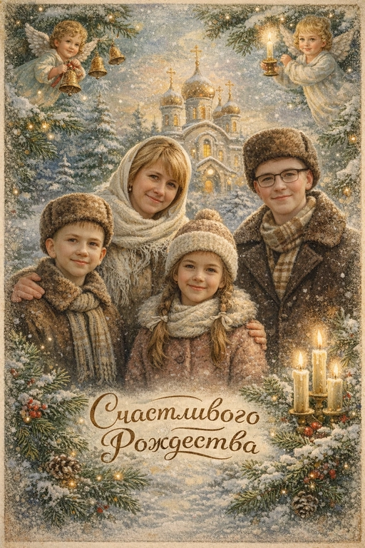 Создай винтажную рождественскую открытку со всеми людьми или одним человеком из предоставленных фотографий. Стиль - советские сказочные открытки 1950-1970-х годов, мягкая живописная иллюстрация, ощущение тепла и уюта. Композиция и формат: • Персонажи остаются в центре композиции • Фон - православная церковь, зимняя сказочная атмосфера Лица: • Лица сохранить максимально похожими на оригинальную фотографию (one-to-one likeness) • Без изменения черт лица, возраста и эмоций • Реалистичное сходство, аккуратная художественная стилизация без искажений. Одежда и образы: • Заменить современную одежду на старинную зимнюю советскую одежду. Если человек- женского пола , то добавь белый платок на голову. ⁠ Декор и детали:  • Хвойные ветки • ангелочки в сказочном стиле, церковные свечки • Лёгкий снег, морозные узоры Цвет и атмосфера: • Светлая, зимняя, мягкая цветовая палитра • Пастельные оттенки, эффект старой бумаги, легкое зерно • Сказочное, теплое новогоднее настроение  • Шрифт - изящный, рукописный, сказочный, в стиле советских открыток. Надпись: «Счастливого Рождества»