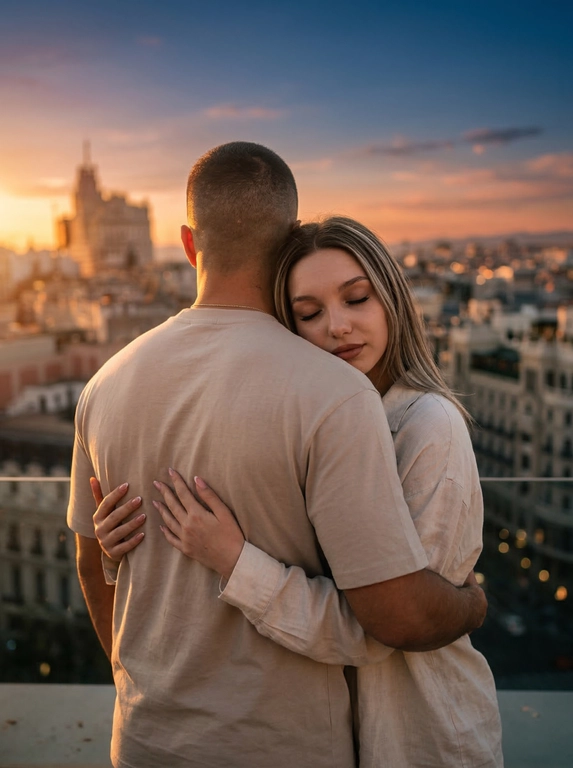 Фотография, запечатлевшая момент нежности между мужчиной и женщиной, сделана на фоне городского пейзажа в лучах заката. Чувствуется тёплая, романтическая атмосфера. Цветовая гамма тёплая, преобладают оттенки оранжевого, розового и бежевого.
Мужчина стоит спиной к камере, на нём надета футболка с коротким рукавом из трикотажа нейтрального светлого оттенка. 
Женщина обнимает мужчину, прижавшись к его спине. На ней надета светлая рубашка свободного кроя. Голова слегка наклонена, глаза закрыты. Поза выражает доверие и близость. Не менять прическу и сохранить черты лица