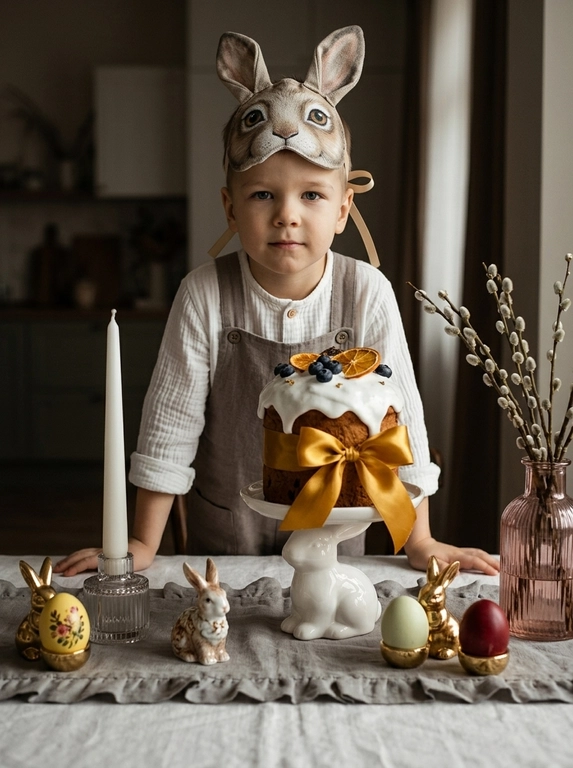 Создай фотореалистичный студийный пасхальный кадр, не меняя черты лица модели, с максимальным сохранением внешности. Уютный домашний сеттинг в эстетике rustic, cottagecore, Kinfolk и натуральных тканей. Модель расположена за праздничным столом, корпус слегка наклонён вперёд, обе руки опираются на столешницу, создавая естественную опору и лёгкое приближение к камере. Модель смотрит прямо в камеру, уверенный и спокойный взгляд, прямой eye contact, лицо хорошо видно, ракурс three-quarter, не профиль. На модели текстильная маска зайца с большими ушами и нарисованными глазами, маска закреплена на затылке тонкими бежевыми лентами, лицо полностью открыто. На модели лёгкая рубашка из белого муслина с рукавами, поверх — льняные шорты или комбинезон приглушённого серо-коричневого таупового цвета на пуговицах и подтяжках. Центральный объект композиции — высокий пасхальный кулич на изящной белой керамической подставке в форме лежащего кролика, покрыт белой глазурью, украшен черникой и дольками сушёного апельсина, перевязан широкой ярко-жёлтой атласной лентой с пышным бантом. На столе: высокая белая конусная свеча в ребристом стеклянном подсвечнике, фарфоровая фигурка кролика, позолоченные подставки в форме зайца с окрашенными яйцами (жёлтое с цветочным принтом, нежно-салатовое, насыщенно-красное), прозрачная розовая ваза с веточками вербы. Стол накрыт белой льняной скатертью, сверху серая дорожка с рюшами. Освещение мягкое боковое, как свет из окна, с тёплыми глубокими тенями. Съёмка с лёгкого низкого ракурса на уровне стола, но композиция выстроена так, чтобы лицо модели было полностью видно и направлено в объектив. Небольшая глубина резкости, передний план с мягким боке. Кинематографическая цветокоррекция в землистых, молочных и серо-оливковых тонах с акцентами жёлтого, красного и золота. Плёночная эстетика: лёгкое зерно, мягкие блики, глубокие тени, высокая детализация текстур ткани, керамики, дерева и глазури. moody underexposed fashion photography, intentionally lowered exposure, deep crushed blacks, rich shadows, high contrast, soft natural highlights, subtle film grain, shallow depth of field, 50–85mm lens, editorial style, realistic lighting, high detail.