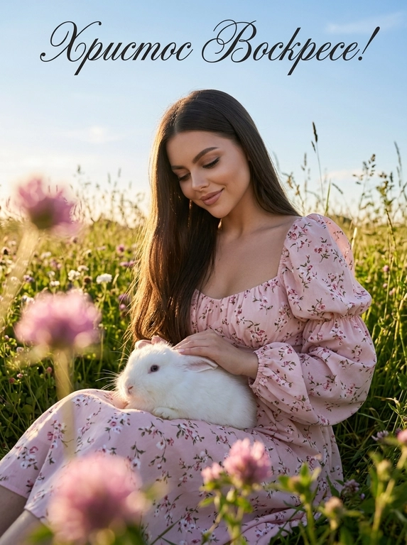 Фотореалистичная fashion editorial фотография в мягком кинематографичном ключе, оформленная как красивая пасхальная открытка. 
Модель сидит в цветущем летнем лугу по пояс в траве, корпус слегка повернут в 3/4, голова нежно наклонена; на её коленях расположен кролик, она мягко гладит его обеими руками, кролик удобно устроился, его пушистая шерсть хорошо читается, одно ухо приподнято.
Кадр вертикальный, средний план (от талии, бедер до макушки) камера на уровне глаз или чуть ниже, лёгкий наклон вверх, центральная композиция с мягким смещением героини влево. Передний план заполнен размытыми розовыми цветами, создающими воздушное боке и глубину.
Объектив портретный 50-85 мм (полнокадровый экв) натуральная перспектива без широкоугольных искажений; малая, средняя глубина резкости, точный фокус на лице и кролике, фон плавно размывается, передние цветы сильно размыты.
Освещение естественное дневное «golden hour», мягкое солнце, тёплый ключевой свет сбоку и немного сверху, нежные тени без жёстких контрастов, лёгкий контровой свет подсвечивает контуры и создаёт тонкий ореол на волосах и кроличьей шерсти, мягкие блики на коже и ткани.
Цветовая палитра пастельная и воздушная: небесно-голубое небо, свежая зелень, розово-персиковые и кремовые оттенки цветов и платья, лёгкая тёплая тонировка, чистые светлые хайлайты, умеренная насыщенность, лёгкий film look с тонким матовым эффектом в тенях и аккуратным зерном.
Выражение спокойное и мечтательное, губы расслаблены, ощущение нежности и умиротворения.
Одежда: лёгкое романтичное платье в стиле cottage core, светлая ткань с нежным розовым цветочным принтом, объёмные рукава, мягкие складки и драпировка.
Окружение: густой луг с множеством мелких розовых и белых полевых цветов, высокая трава, голубое небо с мягкими облаками, лёгкое движение травы и волос от летнего ветерка.
В верхней части кадра размещена элегантная каллиграфическая надпись на русском: аккуратный праздничный шрифт, гармонично вписанный в композицию.

Какая будет надпись?: Счастливой пасхи!