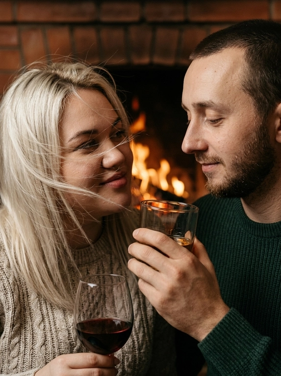 Don't change facial features. A dramatic close-up of a couple against a fireplace: the man on the right, in profile, with half-downcast eyes, looks at a glass in his hand with a slight smile; the woman on the left, holding a glass of wine, looks at her husband. The wind tousles the woman's hair, strands partially covering her face, adding dynamism. Stylish autumn clothes without accents. The woman with a slight smile. The atmosphere is intimate, cinematic, and emotional. Highly detailed skin, natural texture, soft shadows, and muted highlights. Film effect with pronounced grain, matte shadows, Kodak Portra 400 processing. Shot on 85mm in a trendy editorial style.
