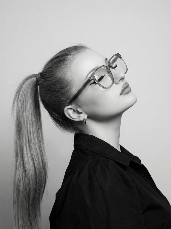 Чёрно-белый минималистичный фотореалистичный портрет, студийный мягкий свет спереди‑сверху, нейтральная светлая однотонная стена как фон. Девушка в профиль: голова запрокинута назад, подбородок поднят, глаза закрыты — расслабленная fashion-поза с акцентом на линии шеи и контуры лица. Обязательно точно сохранить черты лица с референс-фото (без искажений); крупные квадратные очки в массивной полу-прозрачной оправе с естественными бликами. Детали лица: длинные ресницы и чёткие стрелки, выразительные губы, естественная текстура кожи, аккуратный ретуш. Одежда: тёмный объёмный верх с выразительным воротником, маленькая серьга-кольцо. Стиль: высокая графичность и контраст, чистые линии, лёгкая драматичность, максимальная детализация и фотореализм, аккуратные светотеневые переходы, подчёркнутые контуры.

Какая будет прическа?: Гладкие волосы, высокий длинный густой хвост.
