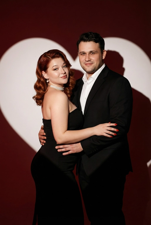Фотореалистичный редакционный крупный портрет по пояс для пары по референсным фото. Мужчина и женщина позируют вместе, стоят близко. Мужчина одной рукой приобнимает женщину за талию. Фон: тёмно-красный студийный задник, большое белое сердце, проецируемое на стену. Сохранить внешность обоих: реальные черты лица, естественная текстура кожи, реальный цвет и длина волос, без ретуши и изменений. Женщина: облегающее чёрное вечернее платье без бретелей с небольшим разрезом, жемчужный чокер, жемчужные серьги, красный маникюр. Поза в три четверти, спина слегка выгнута, одна рука на поясе или касается руки мужчины. Лёгкая улыбка, взгляд в камеру. Мужчина: чёрный классический костюм, белая рубашка. Прямая осанка, уверенная поза. Взгляд в камеру, легкая улыбка. Свет: драматическое боковое студийное освещение, высокий контраст, чёткие тени на фоне. Композиция: вертикальный кадр по пояс, пара в центре, негативное пространство вокруг сердца. Стиль: фотореализм, модная редакционная съёмка, кинематографическая цветокоррекция (тёплые красные, глубокие чёрные), высокая детализация. Голливудская волна, пробор лёгкий боковой. Верхняя зона чуть приподнята у корней, концы — оформленные волной. 