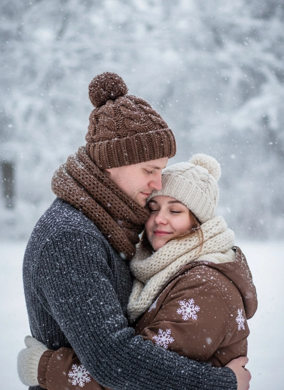 Используй ДВА загруженных фото: мужчина и женщина. Не изменяй лица исходных фото (черты, пропорции, возраст, мимику). Сохраняй естественные телосложения. Очки и аксессуары сохраняй только если есть на исходниках. Делай реалистичную перспективу и тени, избегай «пластиковости». Не меняя внешности с фото, на зимнем фоне густого снега запечатлена теплая сцена объятий молодого мужчины и женщины. Мужчина наклоняет голову к женщине, лицо выражает нежность, взгляд вниз. Он в темно-сером плотном вязаном свитере с шероховатой текстурой, объемной вязаной шапке с помпоном и спиральным узором, коричневом толстом шерстяном шарфе. Женщина прижалась, глаза закрыты, сдержанная улыбка. В коричневой теплой куртке с снежинками, кремовом крупновязаном шарфе и светлой вязаной шапке с помпоном. Одежда и голова п...
