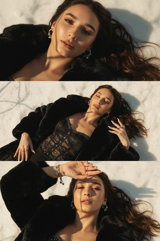 Создай не меняя черты лица.Макияж: яркий в стиле Y2K - длинные натуральные ресницы,приподнятые брови,  контур и румяна, свечение хайлайтера, глянцевые нюдовые губы. Ногти: средней длинны в стиле baby boomer.
﻿﻿Ювелирные изделия: подходящие серьги + несколько колец + браслет с подвесками. Композиция в три части в стиле Y2K: Верхний кадр:
﻿﻿крупный план её глаз и верхней части лица, она лежит на снегу,солнечный свет создаёт резкие тени от деревьев/ ветвей. Средний кадр - она лежит на снегу, в шубе, под ней корсет, глаза закрыты, лёгкая улыбка. Нижний кадр - крупный план, она смотрит прямо в камеру, одна рука закрывает солнце, тени полосами на её лице. Она лежит на снегу.Общая эстетика Y2K: тёплые тона, золотистый оттенок, мягкая зернистость, повышенный контраст, лёгкий виньетирование, ностальгическое, мечтательное настроение. Цвет шубы - темно-чёрный, под мех норки, цвет корсета - черный, кружевной, со стразами. Волосы распущены 