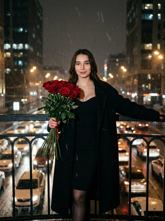Создай портрет, не меняй черты лица. Кинематографический близкий портрет женщины. Она стоит ночью на мосту на улице, идёт снег с дождём. Женщина одета в чёрное платье с глубоким декольте и открытыми плечами, высокий разрез на ноге, платье до колена, чёрные капроновые колготки и чёрное оверсайз длинное пальто нараспашку. Безупречный макияж, нежная улыбка, взгляд направлен в камеру. Она стоит возле поручня круглого железного моста: одна рука раскинута, в другой она держит букет . Сзади ночной дождливый город с огоньками в окнах домов, внизу под мостом видно множество машин в пробке, много огней от фар. Фото со вспышкой, фото с добавлением зерна.

Какие будет цветы?: В другой руке она держит большой букет длинных красных роз