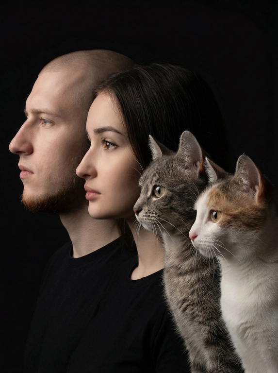 Профессиональный студийный портрет с низким контрастным светом. Головы расположены строго в одну линию. боковой профиль, взгляд влево. У всех видны только головы и немного плечи. Головы занимают весь кадр. Черный фон. Черная одежда у всех. Расположи их по убыванию возраста.
Повернутые в пол оборота боле похожие лица 