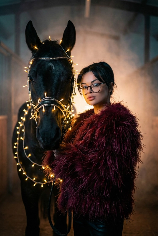 Создай крупный портрет, не меняя черты лица. Фотография в стиле высокой моды. Женщина, одетая шубу из пера страуса. Она стоит рядом с вороной лошадью, которая полностью обвита светящимися теплым светом гирляндами. Гирлянда также идет поверх узды.  Освещение драматичное, кинематографичное, с  неоновым свечением и легкой дымкой на заднем плане в конюшне . Высокая детализация, 8k, профессиональная съемка. Лицо девушки освещено мягким теплым светом. Глубокие тени, туман, мистическая и сюрреалистичная атмосфера. Фото на камеру 35mm, малая глубина резкости. Цвет шубы - бордовый