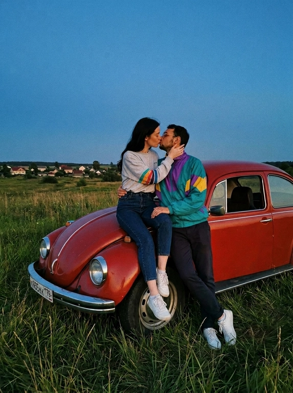 Фотография в стиле ретро-романтики, снятая на природе, возможно, в поле или на окраине небольшого поселения. В кадре – старый автомобиль красного цвета, на капоте которого сидит девушка, одетая в светлую толстовку с цветными рукавами и темные джинсы. Она обнимает и целует молодого человека, который стоит рядом с машиной, опираясь на нее одной рукой. На мужчине надета спортивная куртка в стиле 90-х с яркими полосками и темные брюки. На ногах у обоих белая спортивная обувь.

Небо глубокого синего цвета создает контрастный фон. Внизу кадра – высокая трава. Освещение мягкое, но достаточно яркое, что подчеркивает детали. В целом, фотография создает атмосферу молодости, свободы и ностальгии. Цветовая гамма приглушенная, с преобладанием красных, синих и зеленых оттенков.