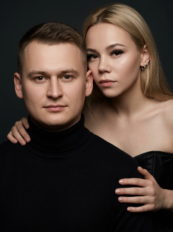 Гиперреалистичный студийный fashion-портрет молодой пары по загруженному референсу, 100% сходство лиц. Черты лица не изменять. Крупный план, кадр по плечи. Мужчина, спокойный уверенный взгляд прямо в камеру, естественное выражение лица, одет в черный трикотажный свитер с высоким воротом. Женщина стоит позади мужчины и нежно обнимает его, ее руки лежат на его плечах. Ее лицо расположено рядом с его лицом, она повернута слегка боком, голова немного наклонена вперед, взгляд направлен прямо в камеру. У женщины выразительные глаза с длинными густыми черными ресницами, естественный clean-glam макияж, натуральные брови, теплый оливковый оттенок кожи, небольшие серьги-кольца. Композиция плотная и интимная, их лица расположены очень близко друг к другу, современный модный портрет пары. Женщина одета в черный корсет. Кожа максимально натуральная: живая текстура кожи, видимые микропоры, subtle skin glow, естественный мягкий блеск кожи, natural skin microtexture, skin translucency, micro skin details, легкие естественные несовершенства кожи, без ретуши и без эффекта пластика. Освещение: мягкий студийный beauty lighting, рассеянный ключевой свет спереди и немного сбоку, мягкие глубокие тени для объема лица, деликатные световые блики на коже. Фон: глубокий темный студийный фон, темно-графитовый или почти черный, создающий контраст с кожей и лицами. Стиль: luxury fashion editorial photography, high fashion portrait, ultra photorealistic, 85mm portrait lens, shallow depth of field, creamy bokeh, cinematic soft lighting, RAW photo, extremely detailed, fine hair strands, natural skin pores, professional photography, photorealism, 8k, high dynamic range.