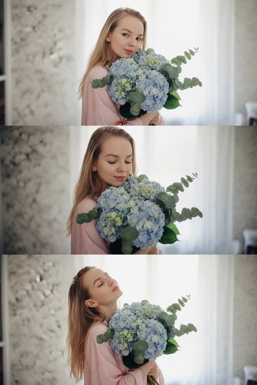 Не меняй черты лица, оставь их точь в точь как на загруженном фото, в том числе макияж и волосы.
Композиция из триптиха изображает женщину дома с цветами
На ней свободная пижама кимоно в пол нежно розового цвета.

На верхнем кадре портрет крупным планом, женщина смотрит в камеру лицо боком в руках у неё огромный букет. На заднем плане светлая стена размыты.

На центральном кадре сверхкрупный план, та же девушка, ее голова слегка наклоненная вперед, она принюхивается к букету, ее глаза закрыты, на лице легкая улыбка.  Кадр снятый с очень близкого расстояния, видно только часть огромного букета и лица  

На нижнем кадре портрет крупным планом изображена всё та же женщина, голова запрокинута вверх глаза закрыты, прижимает все тот же огромный букет к груди

Цветовая палитра приглушена, с нежными розовым, белым
Общий стиль наводит на романтику. Присутствует видимая зернистость.  Букет цветов -голубая гортензия с эвкалиптом