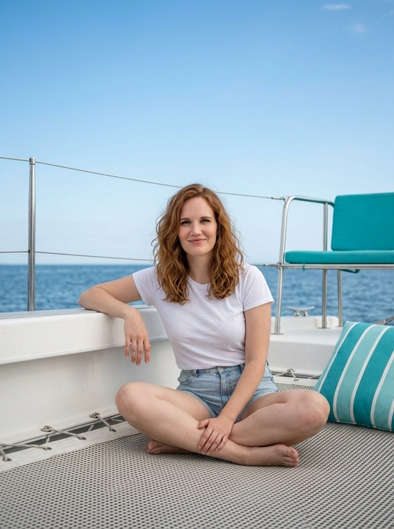 Сохранить идентичность модели с референса, те же пропорции, уникальные черты и возрастное впечатление. Сидит расслабленно на сетчатой палубе катамарана/яхты, поза полулотос/со скрещенными ногами, одна рука опирается локтем на белый борт, другая лежит на ноге. Корпус слегка развернут к камере, взгляд направлен в объектив, на лице спокойная открытая улыбка. На модели белая футболка и шорты.
Средний план с включением большей части тела и окружения, камера на уровне груди/слегка ниже, лёгкий наклон вниз. Композиция с большим количеством воздуха сверху (небо занимает верхние ~2/3 кадра), линия горизонта проходит примерно по середине. Справа виден фрагмент конструкции катамарана с металлическими стойками и бирюзовым сиденьем, на палубе частично попадает в кадр подушка с бирюзово-белыми полосами.
Фокусное расстояние примерно 35–50 мм (натуральная перспектива без сильных искажений), объектив стандартный, диафрагма около f/4–f/5.6, умеренная глубина резкости: главный герой в чётком фокусе, фон (море и небо) слегка мягкий, без выраженного боке.