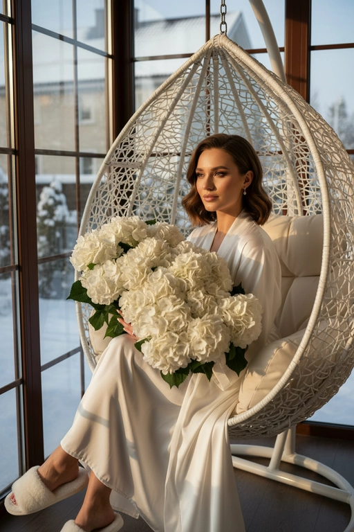 Гиперреалистичная фотография женщины, зима, сидящей полубоком на закрытой веранде с видом на дом в кресле коконе белом и держащей в руках очень большой, пышный букет, состоящий из множества белых цветов — круглых, густых, многоцветковых, с пышными соцветиями и зелеными листьями. Букет объемный, он явно состоит из десятков отдельных гортензий, а не из единого бутона. в ушах маленькие красивые серьги. ногти молочного цвета. Волосы с аккуратной легкой укладкой. 
На ней халат шелковый как кимоно в пол на ногах пушистые тапки.
Ее макияж выполнен в стиле мягкого глэма: сияющая кожа. Она позирует в полупрофиль.
Золотистый естественный свет проникает сбоку, отбрасывая резкие, но мягкие тени на складки ткани . Цвет халата - белый, цвет тапок - белый 