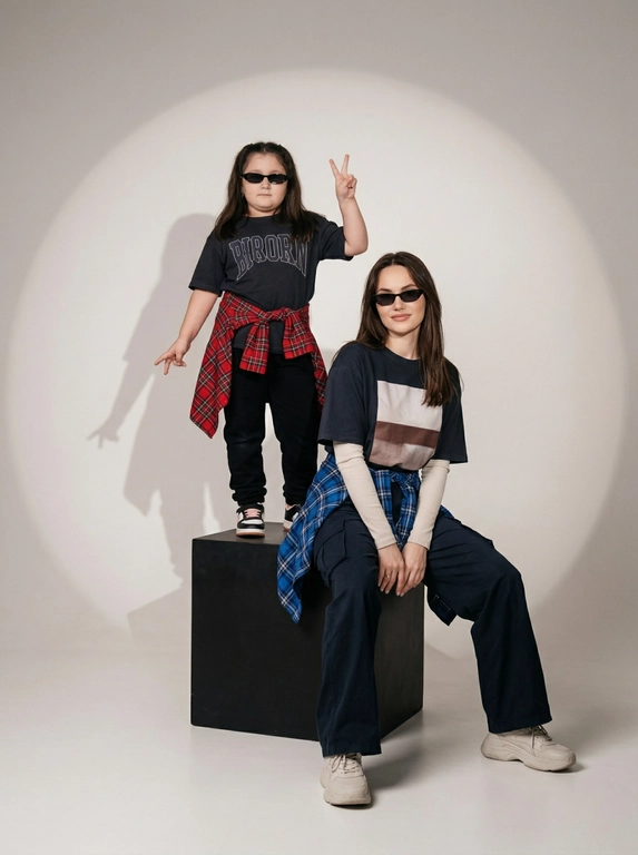 Photorealistic studio portrait photography in minimalistic fashion/editorial aesthetics, static camera at chest level of a seated person, light frontal angle without noticeable perspective deformation; composition with two characters: an model sits on a large matte black cube, body slightly turned towards the camera, knees bent, feet on the floor, the arms are lowered and relaxed in front of the knees, the fingers are neatly extended; the child stands on the same cube behind and to the left, at full height, one hand raised with a "V" gesture, the other lowered, pose confident and playful; both wearing narrow dark sunglasses, gaze directed at the camera; shooting plan — full height for both with a small supply of air above and below, center the center of the frame is shifted to the right to a sitting figure, a standing child balances on the left; the lens is normal/short portrait 50-70 mm, without width; aperture is approximately f/5.6–f/8, moderate depth of field, both characters are sharp, the background is slightly soft; the studio lighting is soft, with one key source on the front left at a level just above the head (softbox), giving smooth transitions and a pronounced but soft shadow against the background on the right; light filling light from the front reduces contrast, shadows are readable; the background is a smooth, light, seamless cyclorama/wall with a noticeable large oval light spot (gradient) in the center, there is a darker vignetting around, a clean minimalistic studio without props; the mood is calm, stylish, slightly retro, with an emphasis on street fashion and family vibe; the expression on the face of the seated model is a soft smile, relaxation; the person standing has a confident neutral facial expression; clothes: the seated model has a dark oversized T-shirt with a large rectangular print on the chest, under it a light longsleeve with long sleeves, wide dark cargo trousers/joggers with pleats at the knees and bottom, a plaid shirt/flannel tied at the waist with a knot, massive light sneakers with a pronounced sole and mesh texture; the child has a dark T-shirt with a large inscription on the chest, dark trousers, a plaid shirt tied at the waist, sneakers in two colors; fabrics with a realistic cotton and flannel texture, noticeable fine folds, natural creases on the knees and in the waist area, matte surfaces without gloss; micro-details: natural skin texture without plastic, neat glare on the lenses of glasses, a clear contour of the shadow from the raised hand on the background, clean floor and soft drop shadow from the cube; high detail, natural sharpness, light grain like a film shot, moderate contrast, soft matte/film look, no HDR, no overexposure and no unnecessary objects.

Какого цвета будут рубашки на поясе?: Цвет рубашки на поясах у ребенка красный, у взрослого синий.