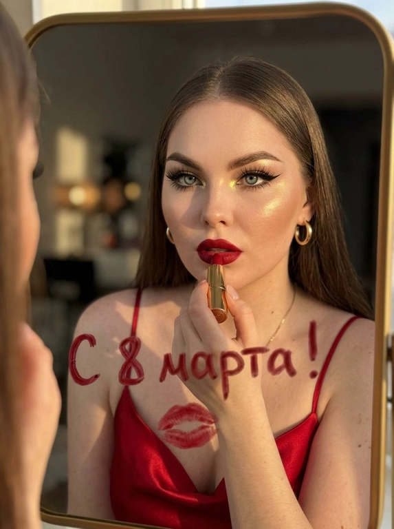 Отражение женщины в зеркале: женщина держит красную помаду. Гламурный макияж глаз с длинными чёрными стрелками, длинные густые ресницы с эффектом «лучики». Хайлайтер во внутренних уголках глаз и на скулах. Губы накрашены этой же красной помадой. Красное атласное платье на тонких лямках. Текст написанный на зеркале помадой от руки на русском языке без ошибок. Знак поцелуя красной помады на зеркале. Передний план: женское лицо, верхняя часть тела, рука, держащая помаду. Фон: зеркальная поверхность с текстом и поцелуем, размытое отражение интерьера. Глубина: неглубокая глубина резкости, фокус на женщине и поверхности зеркала. Портрет крупным планом, отражение, глаз, портретная линза, неглубокая глубина резкости. Тёплый золотой свет «золотой час», сильное боковое освещение. Женщина наносит помаду, отражение в зеркале, отражение в помещении, в помещении. Кожа, атласная ткань, золото (серьги, корпус помады, зеркальная рамка), стекло (зеркало). Фото сделано на iPhone 17 Pro Max.


Какая будет надпись?: Текст написанный на зеркале "С 8 марта!"
