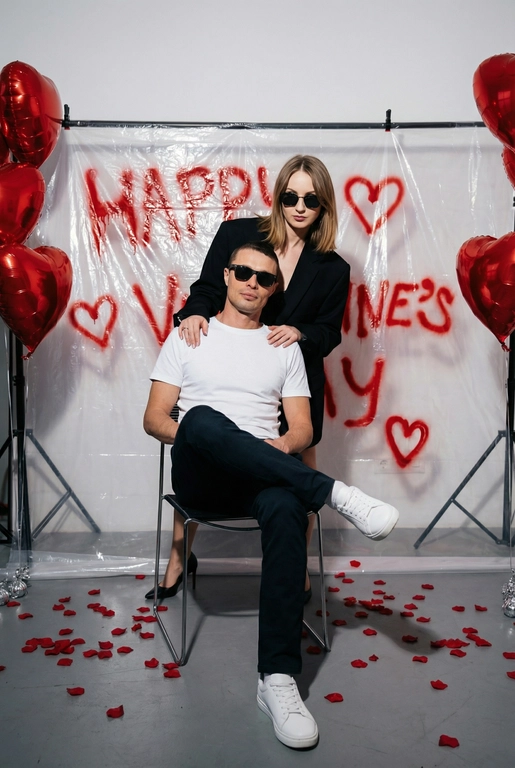 Фотореалистичная редакционная фотосессия пары ко Дню святого Валентина в студии. Фотозона как на референсе: белая студия с прозрачной плёнкой, натянутой на стойках. На плёнке — красные граффити-надписи "Happy Valentine's Day" и сердца в стиле спрей-арта, создающие дерзкий и контрастный фон. По бокам — студийные стойки и красные воздушные шары в форме сердца, на полу разбросаны красные лепестки роз. Атмосфера — современная, fashion, с лёгким арт-хаосом.

Поза и композиция: Крупный план до бедер, мужчина сидит на стуле по центру кадра в позе нога на ногу, уверенная расслабленная поза, его голова немного наклонена в сторону. Девушка стоит за ним, близко, её руки лежат на его плечах или слегка касаются шеи. Между парой ощущение близости и доминирующей, уверенной энергии девушки.
Одежда:
— Мужчина: белая футболка без принтов, тёмные брюки, белые кроссовки. Тёмные очки как fashion-акцент.
— Девушка: чёрный пиджак свободной посадки. Тёмные очки как fashion-акцент.
Выражения лиц: мужчина смотрит в камеру уверенно и спокойно. Девушка смотрит в камеру или слегка сверху вниз, с холодной, контролируемой эмоцией.
Свет: жёсткий студийный свет с акцентом на лица и текстуры, чёткие тени, высокий контраст.
Композиция: вертикальный кадр, пара по центру, фон полностью читается.
Стиль: фотореализм, модная редакционная съёмка, высокая детализация, современный fashion-editorial.