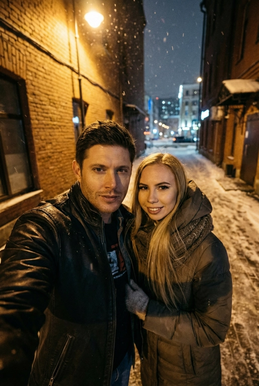 Спонтанное POV селфи людей на переднюю камеру iphone с близкого расстояния, глядя прямо в камеру. Сам телефон не виден. Ночь, зима, переулок в Москве. Фото темное, смазанное и реалистичное. Селфи с Дженсоном Эколзом