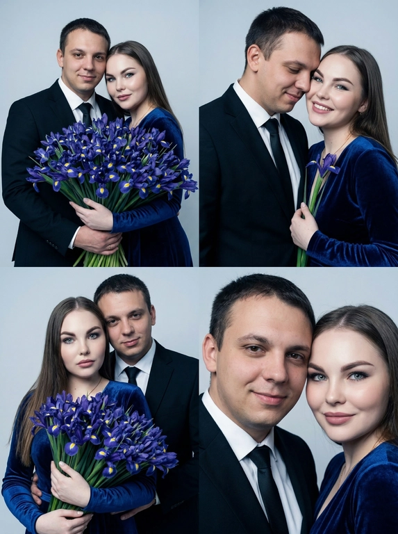 Фотореалистичный кинематографический коллаж в стиле фотобудки 2×2 из четырёх интимных портретов двух человек крупным планом, расположенных в бесшовной сетке 2×2, на каждом кадре показана разная поза и выражение лица.

Персонажи — это реальные люди с загруженной фотографии или фотографий. Использовать ТОЧНОЕ сходство лиц с реальными людьми с загруженного фото или фотографий:
узнаваемые черты лица, форма глаз, носа, губ, без изменения внешности, приоритет портретного сходства, с сохранением узнаваемости лиц, причёсок и пропорций.

Фотосессия к 8 марта. 
Создай трогательные кадры из профессиональной фотосессии в студии, где запечатлены моменты семейной близости двух людей. Сделай так, чтобы все они смотрелись гармонично и трогательно. Они одеты в дорогие костюмы. Освещение холодное. Фон светлый, бесшовный. Фото в стиле Энни Лейбовиц, четкий фокус. Они смотрят в камеру с мягкой улыбкой.

Какие будут цветы?:  У одного из персонажей в руках огромный букет ирисов.