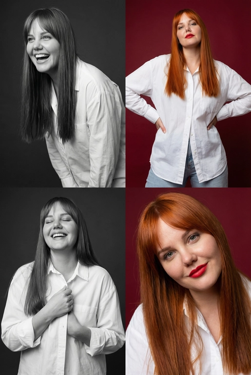Коллаж из четырёх студийных портретов одной женщины, расположенных в сетке 2×2. Не меняй внешность, цвет и текстуру волос. Все кадры сняты в модном editorial-стиле. Образ — естественная красота, лёгкая небрежность, живые эмоции.
Женщина имеет естественный макияж с акцентом на красные губы. На ней белая очень свободная рубашка мужского кроя на несколько размеров больше, частично расстёгнутая, подчёркивающая линию декольте. В отдельных кадрах она слегка придерживает рубашку руками.
Эмоции и позы:
Верхний левый кадр — чёрно-белый, она наклоняется вперёд, смеётся, взгляд в сторону, живой момент.
Верхний правый — цветной, красный студийный фон, руки на бёдрах, уверенный фэшн-портрет. Снято с нижнего ракурса. Видно часть ее светлых джинс.
Нижний левый — чёрно-белый, она смеётся с закрытыми глазами, держит рубашку у груди, расслабленная поза.
Нижний правый — цветной, крупный портрет, легкая улыбка, слегка наклонила голову в сторону, тёплая улыбка, акцент на губах.
Фон: для цветных кадров — глубокий красный студийный фон, для чёрно-белых — нейтральный тёмный фон.
Освещение: мягкий студийный свет, подчёркивающий текстуру кожи, волосы и складки рубашки. Без жёстких теней.
Композиция: кадры слегка разные по ракурсу, создают ощущение живой съёмки backstage.
Стиль: fashion editorial, lifestyle, natural sexy, cinematic soft light, analog photo vibe, magazine photoshoot, ultra realistic, high detail, skin texture visible, 8k. Оставь прическу такой же, как в предоставленном фото 