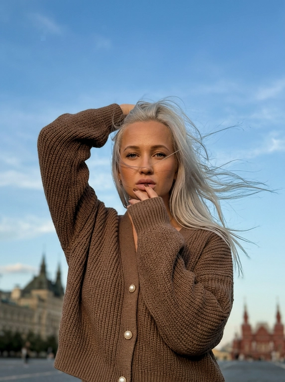 Сверхреалистичная уличная fashion-фотография на iPhone 17 Pro Max, основная камера 1x, 24 мм. Средний портрет примерно до середины бёдер, камера на уровне груди, женщина по центру кадра, над головой много открытого вечернего неба.

Женщина стоит на открытом пространстве, корпус почти фронтально к камере. Сильный ветер активно развевает волосы в стороны, отдельные тонкие пряди хаотично проходят перед лицом. Одна рука поднята над головой и лежит на макушке, локоть направлен в сторону; вторая рука согнута перед грудью, длинный рукав частично закрывает кисть, пальцы находятся возле губ. Взгляд прямо в объектив, губы сомкнуты, выражение уверенное, без улыбки.

На ней объёмный коричневый вязаный кардиган oversize с жемчужными пуговицами, длинными свободными рукавами и выраженной мягкой фактурой крупной вязки. Кардиган свободно собирается складками на теле.

Макияж выразительный, но естественный: кожа с лёгким загаром и натуральной текстурой, оформленные брови, длинные густые ресницы, мягкая чёрная подводка, лёгкий бронзер и румянец, пудрово-розовые губы, ногти коричневые.

Фон минималистичный: красивая вечерняя московская улица. Большую часть кадра занимает чистое голубое вечернее небо с небольшими мягкими светлыми облаками.

Тёплые золотистые блики на лице и волосах, мягкие естественные тени. Цветокоррекция слегка плёночная: приглушённые натуральные оттенки, тёплая кожа, немного пониженная экспозиция, умеренный контраст, лёгкая зернистость. Волосы должны двигаться физически естественно от сильного ветра. Без студийного света, пластиковой кожи, сильного боке, CGI и AI-эффекта. Кадр будто сделан в спешке и размыт на 2%.