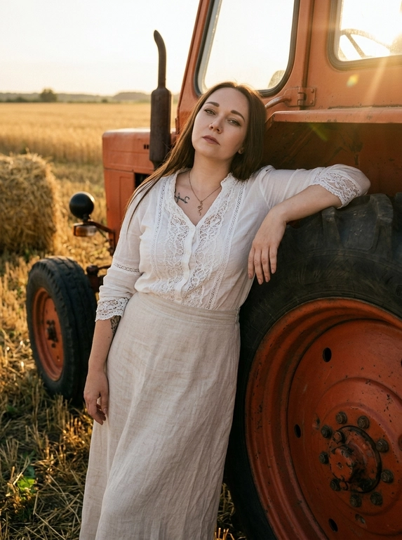 Кинематографичный фотореалистичный editorial-кадр с лёгким плёночным зерном. Женщина стоит рядом с оранжевым трактором, небрежно облокотившись на его большое колесо. Поза расслабленная, но уверенная, с выразительной fashion-подачей. Взгляд направлен прямо в камеру, создавая ощущение силы, спокойствия и лёгкой интроспекции. Макияж безупречный: акцент на глаза, губы оттенка пыльной розы, деликатное сияние на коже, лёгкий шиммер в зоне декольте. Фон — трактор, поле и сено, создающие атмосферу деревенского шика и модной съёмки с rural editorial-настроением. Свет золотого часа мягко ложится на лицо и тело, создавая красивые тени, тёплые контрасты, глубину и объём. Атмосфера кадра стильная, тёплая, немного драматичная и очень эстетичная. Фотореализм, высокая детализация, натуральная текстура кожи, cinematic color grading, editorial fashion photography, golden hour, RAW style.

Какая будет одежда?: На модели белая блуза с кружевными вставками и длинная светлая юбка из натуральной ткани. Образ выглядит романтично, немного винтажно