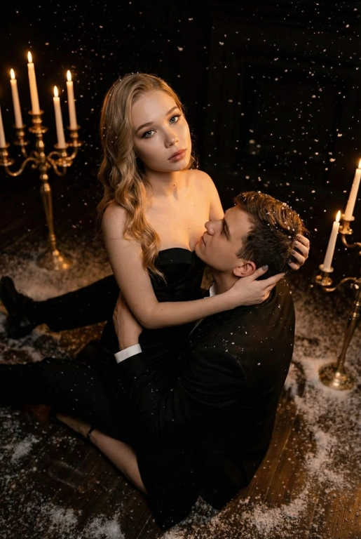 Ракурс камеры чуть сверху и сбоку. Романтическая и драматичная сцена в тёмном помещении. На полу сидит пара — мужчина и женщина верхом на мужчине в тесном, интимном положении. Женщина повернута к камере, её лицо поднято вверх, взгляд в камеру, хорошо освещено мягким тёплым светом. Она смотрит прямо вперёд, немного приоткрыв губы, с выразительным, глубоким взглядом. Если у женщины на фото длинные волосы. то они уложены в роскошные голивудские волны. Если короткие, то волосы просто красиво лежат.  На ней женщине длинное черное платье с лифом-бюстье без бретелей, подчеркивающее силуэт, создающими драматический силуэт.

Мужчина сидит у её груди, склонив голову к ее ключице и смотрит в ее лицо снизу вверх, словно обнимая её, одной рукой. Другой рукой упирается в пол позади себя. Он в чёрном классическом костюме и белой сорочке. Женщина одной рукой держит его за затылок, пальцы мягко погружены в волосы, создавая ощущение близости и страсти.

Вокруг пары падают искусственные снежинки — мелкие белые хлопья, подсвеченные тёплым светом свечей, что создаёт атмосферу зимней магии и романтики. На полу вокруг них разбросан «снег», добавляя глубины сцене.

Позади пары стоят золотистые и латунные канделябры с горящими свечами — тонкие высокие свечи создают мягкое золотое сияние. Из-за низкого освещения фон почти исчезает, оставляя только теплые огоньки и силуэты свечей. Освещение — контрастное: тёплый свет от свечей и мягкая направленная подсветка на лица. Очень темное фото.

Пол — тёмный, возможно деревянный, слегка блестящий от света. Атмосфера кадра — готическая, чувственная, тёплая, драматическая и немного мистическая.