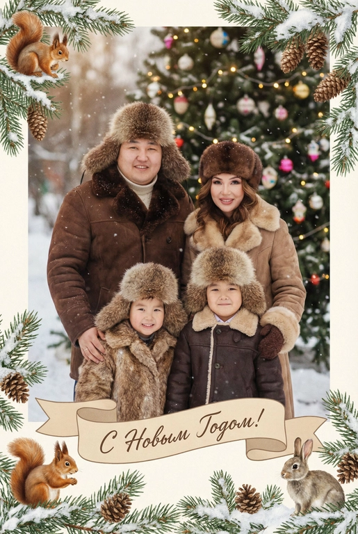   создай новогоднюю фотографию в стиле советского фильма: лица максимально похожи на исходное фото, на улице, в старой зимней одежде (пальто/шуба с меховым воротником, меховая шапки из ондатры или норки). Идёт снег. На фоне размытая украшенная советскими стеклянными игрушками ёлка с гирляндами и тёплыми огоньками. Внизу бежевая декоративная лента с надписью. Рамка по краям из еловых веток со снегом, добавить шишки, белочек и зайчиков. Атмосфера уюта и ностальгии, мягкие кистевые мазки, тонкая плёночная зернистость, мягкая глубина резкости. Надпись на ленте: "С Новым Годом!"