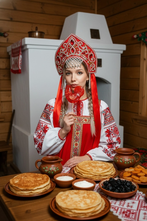 Человек в традиционном русском образе Масленицы. На ней роскошный красный кокошник, украшенный алыми камнями, стразами и длинными красными лентами, спадающими по бокам.

Она одета в красно-белое платье, выполненное строго по традициям масленичных нарядов, с вышивкой и народными орнаментами. В руке человека красный леденец-петушок и подносит его к лицу, создавая игривое, сказочно-праздничное настроение.

Сцена происходит внутри уютной деревянной избы. Перед ней — массивный деревянный стол с румяными блинами, красной икрой и разнообразными традиционными масленичными угощениями. На заднем плане — белая русская печь.

Фотография снята со вспышкой, с ярким контрастом и лёгким глянцевым эффектом, подчёркивающим детали образа и фактуры. 

Не меняй возраст и пол человека на исходном фото. Волосы заплетены в две короткие косы