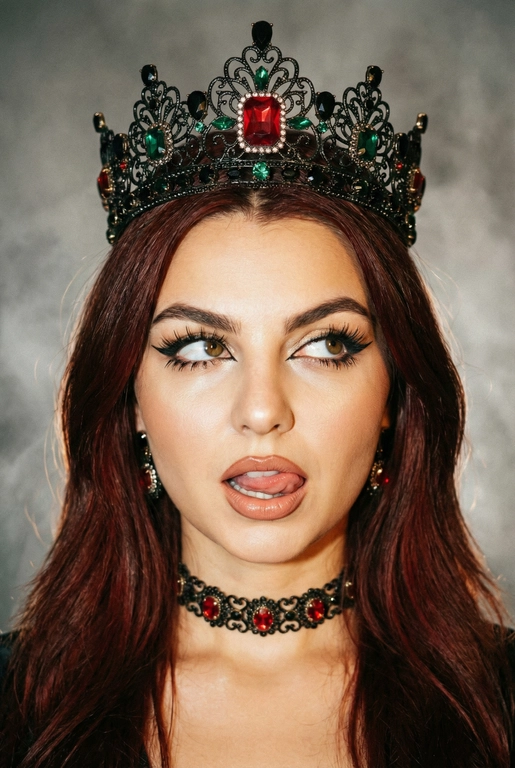 Создай фото -детальное описание художественного портрета девушки, выполненного в популярной современной эстетике, сочетающей элементы «е-qirl» и стиля «rebellious royalty» (бунтарская королевская особа).
:Центральный образ и внешность:
• Лицо и поза: Девушка позирует в дерзкой и провокационной манере.
Её глаза закатаны (или направлены сильно в сторону и вверх), а кончик языка слегка высунут. Это создает образ, сочетающий в себе игривость, бунт и некоторую отрешенность.
Элегантный макияж глаза с длинными острыми черными стрелками, длинные густые ресницы эффект лучики, нижние ресницы накрашены, хайлайтер во внутренних уголках и скулах.
Пухлые полностью прокрашенные телесной матовые губы слегка приоткрыты легкий блеск и светло-коричневый карандаш по краям. персиково-розового оттенка.
Не меняй мою прическу. 
Корона: На голове массивная высокая корона в винтажном стиле. Она украшена сложным филигранным узором и крупными драгоценными камнями: по центру расположен большой квадратный красный камень (рубин), по бокам - камни зеленого (изумруд) и черного цветов. Корона сидит немного небрежно, подчеркивая неформальность образа.
Ожерелья:
На шее надет чокер, выполненный в одном стиле с короной - цепочка с круглыми красными камнями в оправе. В ушах серьги по такому же типо как корона •
Фон: Нейтральный, дымчато-серый или слегка туманный. Он лишен деталей, что позволяет полностью сфокусировать внимание на ярких аксессуарах и лице модели.
Освещение и обработка: Свет мягкий, рассеянный. Фотография имеет характерную обработку с эффектом «зернистости» (пленочное зерно), что придает ей винтажный и художественный вид.
Цветовая гамма теплая, с акцентом на золото и красный цвет.
Общее впечатление:
Снимок транслирует идею современной интерпретации власти и красоты. Это противопоставление классического символа величия (короны) и современного неформального поведения.
Образ выглядит стильно и кинематографично и запоминающе, сильная вспышка. Корона черного цвета.