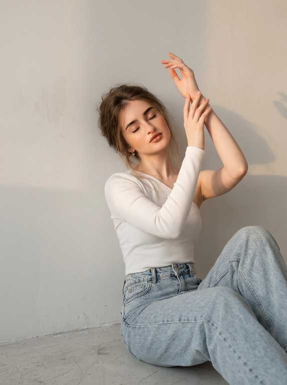 Это студийный портрет женщины, сидящей на полу, опираясь спиной на стену. Стиль фото – гиперреалистичный снимок с высокой детализацией. Атмосфера спокойная и расслабленная. Цветовая гамма – светлая, в приглушенных оттенках серого и бежевого, с эффектом закатного света.
На женщине надет топ с длинным рукавом на одно плечо и светлые джинсы оверсайз с видимой текстурой денима. Одна рука изящно поднята вверх и касается другой руки, которая тоже направлена вверх. Глаза закрыты, голова слегка запрокинута назад. Макияж безупречный. Губы с плотным глянцевым финишем.
Фон минималистичный светло-серый, чистый, с мягкими тенями на стене.

Какого цвета будет топ?: Цвет топа белый.