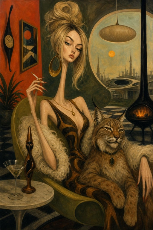 use this fhoto. 

Выберите стиль: Surreal mid-century editorial illustration of an eccentric version of the person in the photo and a animal (an animal that matches my vibe) inside a stylish Location, elongated proportions, exaggerated narrow faces, deadpan expressions, oversized accessories, bizarre fashionable atmosphere, painterly brush textures, distorted anatomy, subtle lowbrow surrealism, sophisticated absurdity, vivid retro color palette, expressive oil-painted strokes, fashionablevintage clothing, dramatic
