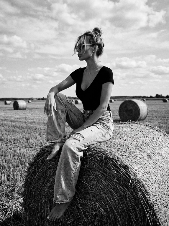 Чёрно-белая high-fashion editorial фотография в сельской местности, женщина с внешностью как на референсе, черты лица не изменять, композиция — более общий план (wide shot), камера на среднем расстоянии, фигура полностью в кадре с окружающим пространством, она сидит на большом тюке сена в поле, корпус слегка развернут, одна нога свободно опущена вниз, вторая согнута, создавая расслабленную, но выразительную позу, руки естественно лежат на колене и на поверхности тюка, взгляд направлен в сторону, профиль, выражение спокойное и уверенное, одежда: чёрный топ с V-образным вырезом и объёмные светлые широкие джинсы с потёртостями и рваными элементами, аксессуары: крупные солнцезащитные очки, минималистичные украшения, фон: открытое поле с несколькими тюками сена на разной глубине, создающими перспективу, линия горизонта ниже центра кадра, чтобы подчеркнуть небо, освещение: жёсткий естественный дневной свет с мягкими облаками, формирует выразительные тени и контраст, стиль: кинематографический, плёночное зерно, высокая детализация, реалистичная текстура кожи и ткани, редакционный fashion стиль, акцент на атмосфере и пространстве кадра


Какая будет прическа?: Волосы собраны в небрежный пучок с выбившимися прядями