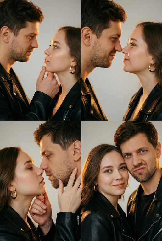 Фотореалистичный кинематографический коллаж в стиле фотобудки 2×2 из четырёх интимных портретов стильной пары крупным планом, расположенных в бесшовной сетке 2×2, на каждом кадре показана разная поза и выражение лица. Лица не меняются.  
  
Вверху слева — крупный план головы и плеч, мужчина нежно обнимает подбородок женщины; вверху справа — интимный профиль «нос к носу»; внизу слева — почти поцелуй с приоткрытыми губами и лёгким касанием щеки пальцами; внизу справа — игривый спонтанный снимок, где женщина смотрит в камеру, а мужчина корчит смешную рожицу.  
  
Обе модели модные и гламурные, тёплый загар с реалистичными бликами, естественная зернистость плёнки и тонкая текстура кожи. Женщина с золотыми серьгами‑кольцами, безупречным гламурным макияжем и блестящими губами; они оба в лёгких черных кожаных куртках; видны ювелирные украшения и фактурные ткани.  
  
Студийный бесшовный светло‑серый фон, мягкий равномерный ключевой свет спереди слева, тёплый вольфрамовый контурный свет справа для разделения, мягкие направленные тени для глубины. Кинематографическая атмосферная цветокоррекция с тёплыми бликами и нейтральными глубокими тенями, эстетика редакционного журнала. Сверхдетализированные пряди волос, реалистичные ресницы и брови, резкие отражения металла и ткани, правдоподобная ретушь журнального уровня, но при этом естественная.