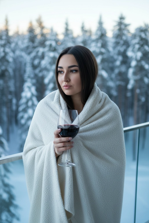Профессиональная фотография потрясающей женщины в стиле fashion lifestyle со сверхвысоким разрешением, возьмите за основу прилагаемую фотографию и максимально сохраните все черты лица, сохранив точные черты лица, цвет глаз, волос и тон кожи, завернутые в толстое белое пушистое одеяло, с бокалом красного вина в руках. вино, задумчиво смотрящий в сторону с поджатыми губами, на современном стеклянном балконе с видом на густой заснеженный еловый лес зимой, мягкий естественный рассеянный дневной свет с прохладными тенями, портрет крупным планом, снятый от груди и выше под небольшим углом, безмятежная уютная романтическая атмосфера, холодные бело-голубые снежные тона с теплыми акцент на красном вине, небольшая глубина резкости, четкий фокус на лице и бокале, фон в стиле боке, редакционный снимок красоты, 8K, сверхдетализированная, профессиональная фотография.