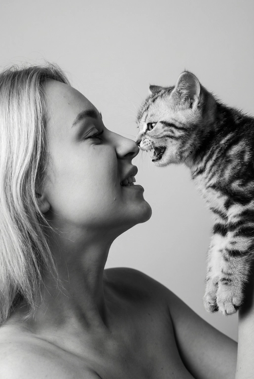 Сделай фото со мной и моим питомцем. Реалистичное фото, с высокой детализацией. Снимок меня и моего питомца в профиль. Фото сделано первым средним планом (Medium CloseUP), в кадре видно часть туловища (с головы до середины груди).
Я стою лицом к своему питомцу в строгий профиль, смотрю прямо на него.
Мой питомец расположен прямо напротив моего лица, также в профиль, смотрит прямо на меня. Наши носы почти соприкасаются. Наши головы могут быть наклонены: например, моя голова наклонена немного вниз, а голова питомца наоборот повыше. Четкая визуальная симметрия между моем лицом и головой моего питомца.
Студийное освещение, мягкий свет, создающий контрастность и скульптурные тени, на самом лице минимум тени. 
 Гиперреалистичное лицо .Я и питомец игриво рычим.  Черно-белая фотография. Фон светлый, нейтральный. 