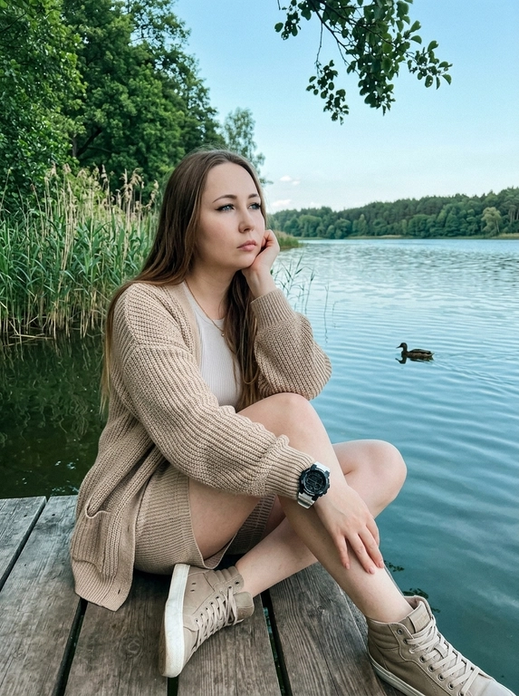 Постановочный портрет на деревянном пирсе у спокойного озера. С одной стороны кадра высокие камыши и густая зелёная листва, в верхний угол кадра свисает ветка дерева с листьями. Перед женщиной простирается спокойная гладь озера, вдали виден берег, покрытый деревьями, под бледно-голубым небом с мягкими белыми облаками. Вдалеке по поверхности воды плывёт утка. Естественный дневной свет со слегка прохладной цветовой палитрой с бирюзовым оттенком. Весь кадр полностью резкий, без размытия фона.

Поза:

Она сидит на самом краю деревянного пирса, подтянув обе ноги к себе. Одно колено поднято немного выше, второе расположено перед ним. Лодыжки свободно скрещены и подтянуты к корпусу. Корпус слегка развёрнут в сторону озера и немного наклонён вперёд. Одна рука согнута в локте, локоть опирается на поднятое колено, ладонь мягко поддерживает щёку. Вторая рука расслабленно лежит поверх второго колена, кисть естественно свисает вперёд. Голова слегка наклонена в сторону руки. Взгляд направлен вдаль на озеро. Поза выглядит спокойной, расслабленной и задумчивой, словно фотография была сделана в случайный момент отдыха у воды.

На запястье бело-чёрные спортивные часы с прочным массивным корпусом. Других украшений нет. 

Выражение лица спокойное и задумчивое. Губы мягко сомкнуты с лёгким естественным нейтральным выражением. Одна бровь расслаблена. Взгляд направлен в сторону озера, создавая ощущение глубокой задумчивости. Длинные густые объёмные ресницы с эффектом fox-eye.

губы с прозрачным нейтральным глянцевым блеском. Мягкие тени естественных нейтральных оттенков, аккуратно оформленные брови, лёгкий естественный контуринг. Кожа имеет ровный естественный загар. Ультрареалистичная текстура кожи с хорошо различимыми порами и естественным микрорельефом.

Камера и ракурс:

Постановочный, но выглядящий естественно снимок, сделанный с небольшого расстояния, камера расположена немного выше уровня глаз модели и слегка направлена вниз под естественным углом. Вертикальное кадрирование включает модель целиком в сидячей позе, деревянный пирс, озеро и противоположный лесистый берег. Композиция выглядит естественной, как случайно сделанная фотография на iPhone. Весь кадр полностью резкий, без размытия фона.

Стиль:

Реалистичная фотография, снятая на iPhone. Прохладная цветокоррекция с лёгким бирюзовым оттенком, приглушённые зелёные цвета и мягкие голубые оттенки неба, естественный контраст, лёгкое плёночное зерно, непринуждённая лайфстайл-эстетика, эстетика Pinterest, высокая детализация и ощущение настоящей фотографии из жизни.

Какая будет одежда?: На ней мягкий укороченный кардиган крупной вязки с объёмными рукавами, надетый поверх лаконичного облегающего трикотажного топа. В комплекте свободные шорты с высокой посадкой из плотного мягкого трикотажа. На ногах высокие текстильные кеды на светлой массивной подошве. Одежда выглядит уютно, естественно и немного расслабленно, хорошо сочетается с прохладной атмосферой озера.