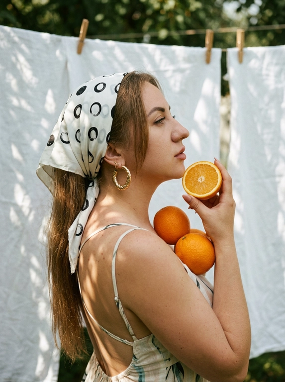 Transfer the face from the photo identically. Shoulder-up side profile portrait outdoors next to white linen sheets hanging on a clothesline with wooden clothespins. The woman wears a light summer dress with thin straps and an elegant open back revealing the shoulders. Her head is wrapped in a white headscarf with a small repeating circular black print tied behind the head. Large textured gold hoop earrings.Pose with chin slightly lifted while holding a half orange near the face and two whole oranges resting against the shoulder and chest.Natural sunlight filtered through tree leaves creates soft dappled shadows on the skin and fabric.Warm vintage analog film color grading with slightly muted greens and rich citrus orange tones, subtle film grain, gentle softness and highlight bloom, shallow depth of field, cinematic lifestyle photography.