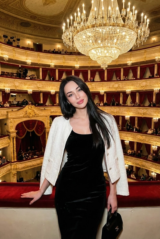Я стою в ложе Большого театра, на рядов лож и большой хрустальной люстры. В ложах сидят люди, висят красные бархатные занавески. Камера на уровне глаз.  Съёмка выглядит как фото, сделанное на iPhone: естественный свет, лёгкое зерно, минимальная обработка, живой момент без позирования. Взгляд в камеру, легкая улыбка. Голова немного наклонена вбок. Волосы сияют, макияж естественный, губы глянцевые. Одна рука лежит на бортике ложа, во второй - маленькая черная сумочка. Приглушенный свет. На мне чёрное бархатное вечернее платье без рукавов по фигуре и белый жакет в стиле Channel. 