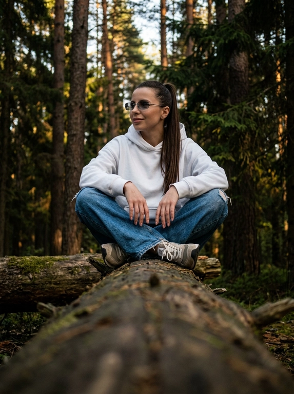 Объектив 35mm, f/1.8, камера расположена очень низко прямо вдоль массивного поваленного дерева, создавая сильную перспективу переднего плана — текстура коры крупно размывается к камере и уводит взгляд к модели. Модель сидит на бревне по-турецки, ноги скрещены перед собой, локти расслабленно опираются на колени, кисти свободно свисают между ног. Корпус слегка подан вперёд, плечи расслаблены, голова повёрнута в сторону, на лице мягкая улыбка без зубов, взгляд направлен вдаль мимо камеры, создавая спокойную уютную атмосферу caught candid moment. На ней белое oversize худи из плотного премиального хлопка с объёмным капюшоном и длинными рукавами, синие свободные джинсы с потёртостями и слегка выцветшей текстурой денима, на ногах белые кроссовки в стиле New Balance с массивной подошвой. На глазах узкие прямоугольные солнцезащитные очки Miu Miu без оправы с серыми зеркальными стёклами. Высокие хвойные деревья вокруг, cinematic forest atmosphere, тёплый вечерний свет проходит сквозь ветви, глубокие тени и мягкие золотисто-коричневые оттенки, moody underexposed fashion photography, intentionally lowered exposure, rich shadows, subtle warm highlights, лёгкая плёночная зернистость, RAW photo, реалистичная текстура кожи, объёмное боке, luxury Pinterest editorial aesthetic.

Какая будет прическа?: Волосы собраны в высокий хвост