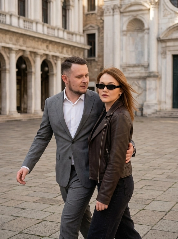 СТРОГО сохранить внешность людей с фото 1:1 — лица, черты, пропорции, цвет и длину волос. Формат 3:4. Фотореалистичный уличный кадр. Камера на уровне груди, кадрирование от талии женщины до головы. Мужчина слева, женщина справа, пара идёт вплотную боком друг к другу по каменной площади на фоне классической европейской архитектуры с колоннами, арками и старинными фасадами. Мужчина слегка поворачивает голову к женщине и смотрит на неё. Его правая рука обнимает её за талию, левая рука вынесена вперёд в движении. Женщина боком прижата к мужчине, одна рука не видна за мужчиной, вторая опущена вдоль тела. Голова женщины повернкта к камере, на глазах черные узкие солнцезащитные очки. Волосы мягко развеваются ветром. Одежда: у мужчины серый классический костюм и белая рубашка, у женщины тёмно-кори...
