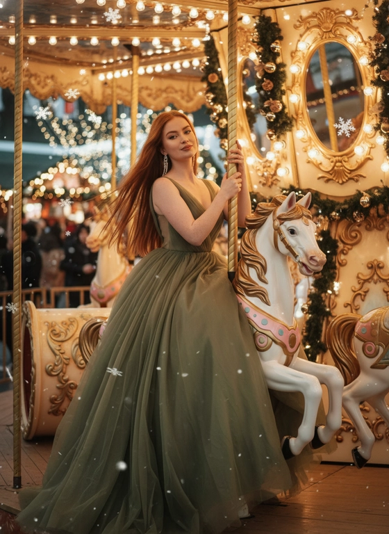 Запрос:
Сказочный праздничный портрет на ретро-карусели, вертикальный кадр до пола. Девушка сидит боком верхом на белой карусельной лошадке с золотыми и пастельно-розовыми декоративными элементами, руками обнимает золотой столб, на ней, уши украшены свисающими серьгами. Волосы распущены и развеваются, лицо слегка повернуто в сторону, выражение расслабленное и радостное. Фон залит тёплым светом гирлянд и лампочек карусели, золотые рамы зеркал и размытые огни парка создают атмосферу роскошной рождественской ярмарки, в воздухе лёгкие снежинки и боке. Гламурный праздничный стиль, насыщенные тёплые тона, мягкое боке, high fashion editorial, 8k, cinematic lighting, shallow depth of field, festive atmosphere. --ar 9:16 --v 6 --style raw --q 2 На ней пышное вечернее платье нежно‑оливкового цвета