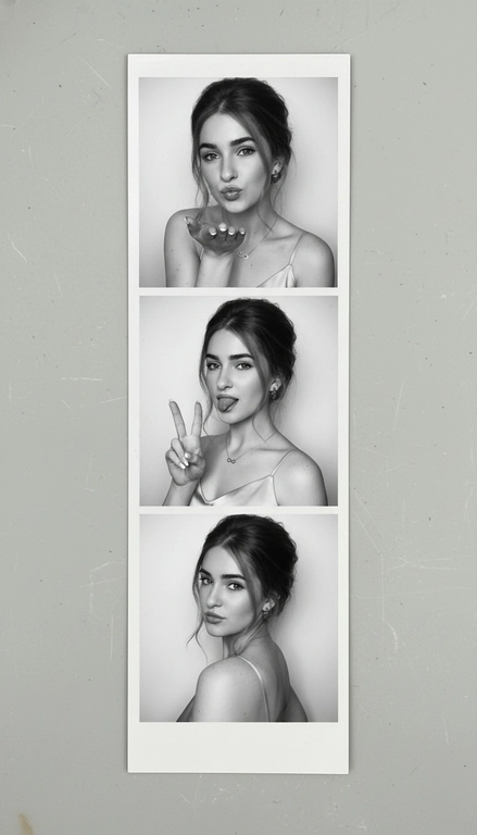 Используя мою фотографию в качестве референса для лица и волос, не изменяя исходные черты лица и сохраняя верность моим физическим характеристикам, создайте ленту из фотографий в ч/б с тремя вертикальными белыми рамками. Лента выглядит так, будто лежит на столе или фоне. Фотографии выглядят профессионально , как будто из настоящей фотобудки. 

В каждой рамке по центру расположены портрет и фотография погрудной проекции одного и того же человека. Взгляд прямо в камеру.

Общая эстетика винтажная, с лёгкой зернистостью и выцветшим качеством, напоминающая классическую аналоговую фотографию. Но при этом изображение выполнено в высоком разрешении. На светло-сером фоне видны едва заметные следы пыли и царапин. Лица человека на белом фоне. 
НЕ ИЗМЕНЯЙТЕ МОЁ ЛИЦО.

На верхнем фото девушка посылает зрителю воздушный поцелуй, поднеся правую руку ко рту и слегка поджав губы. Выражение её лица игривое и дружелюбное.  На среднем фото девушка мило и игриво показывает знак мира, высунув язык. Брови слегка приподняты. На нижнем фото девушка позирует, отвернувшись к плечу, смотрит прямо в камеру с более спокойным и уверенным выражением лица. Губы мягко сжаты, взгляд прямой и чувственный. ОДЕЖДА: На ней маленькие серьги-кольца и изящное ожерелье с символом бесконечности поверх светлого атласного или шёлкового топа. На ней естественный макияж, включая глянцевый блеск для губ, лёгкую подводку для глаз и кукольные нарощенные ресницы, без излишеств. У неё квадратный французский маникюр.